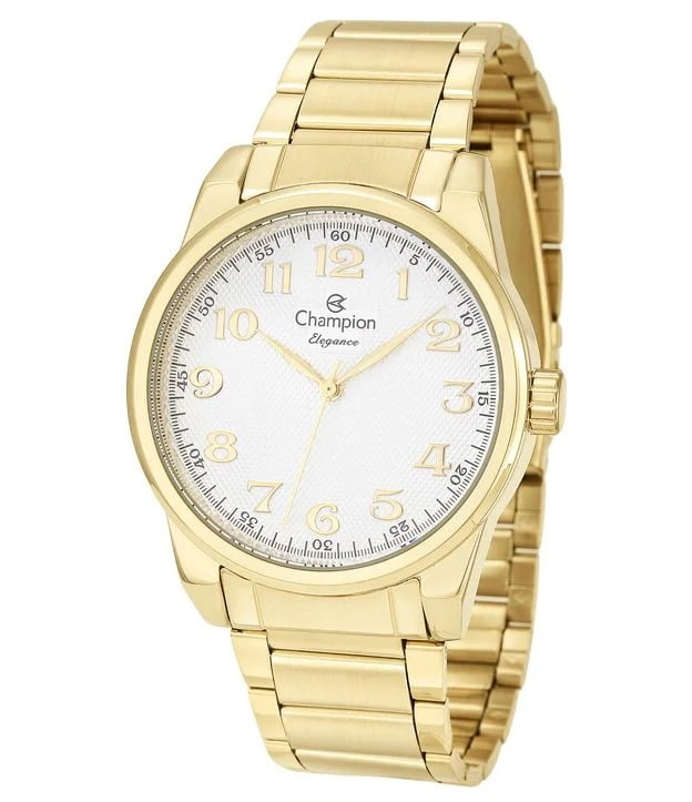 Kit Relógio Champion Elegance Feminino Dourado Visor Branco Texturizado Numeração Completa á Prova D'água CN25010W