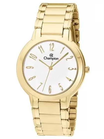 Kit Relógio Champion Feminino Dourado Visor Branco a prova D'água CH22386E