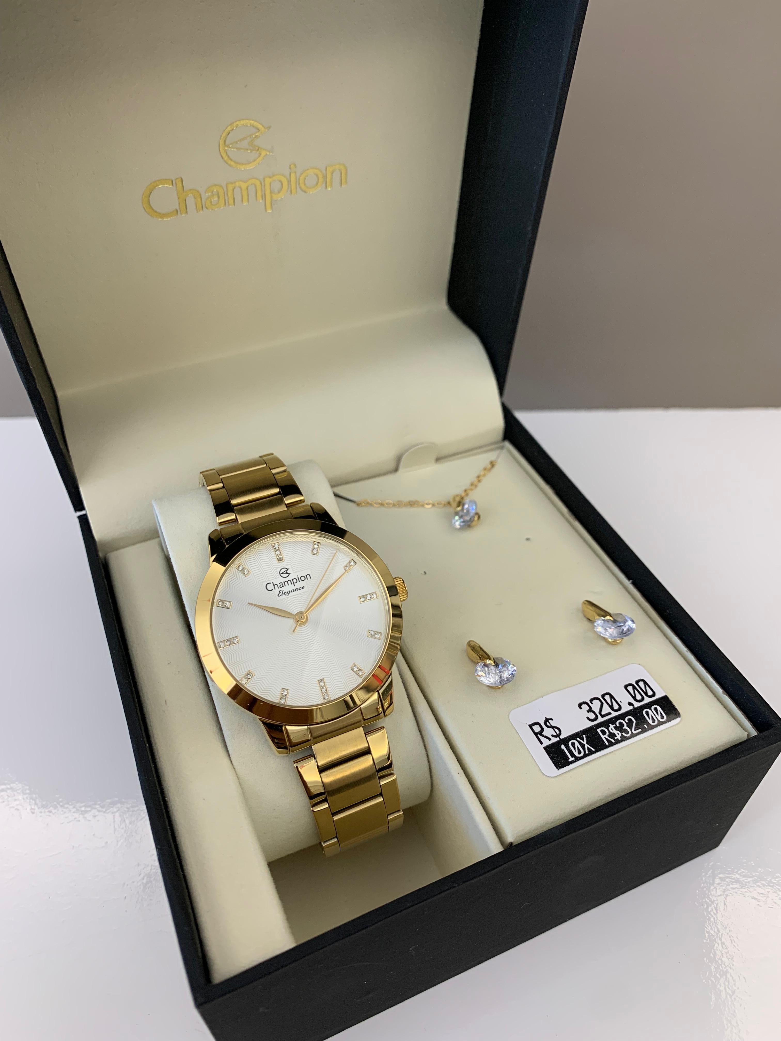 Kit Relógio Champion Feminino Dourado com Pedras Presente CN25261W