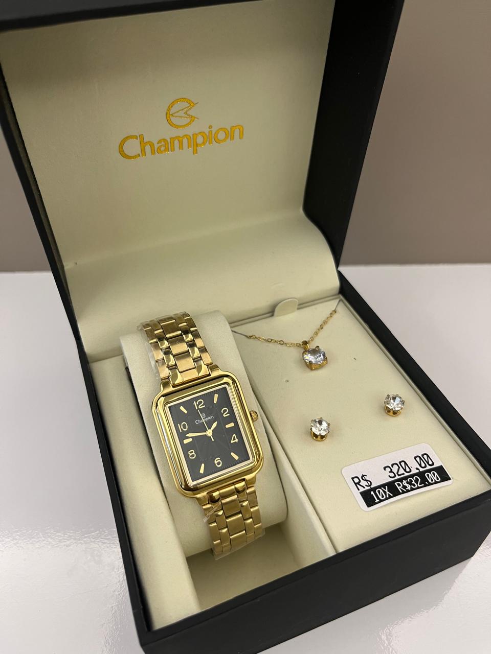 Kit Relógio Champion Feminino Dourado Quadrado Visor Preto CN20471U