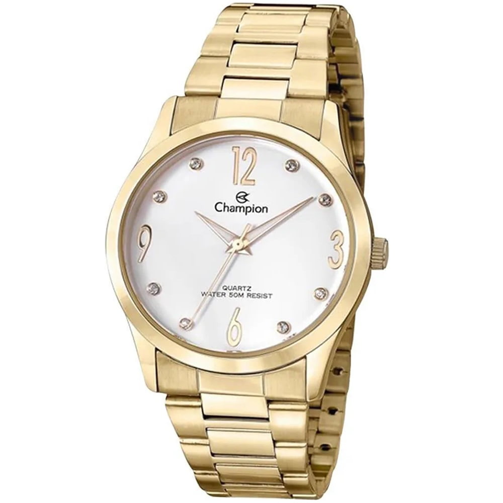 Kit Relógio Champion Feminino Dourado Visor Branco com Cristais mais Bolsa Clutch á Prova D'água CN29061G