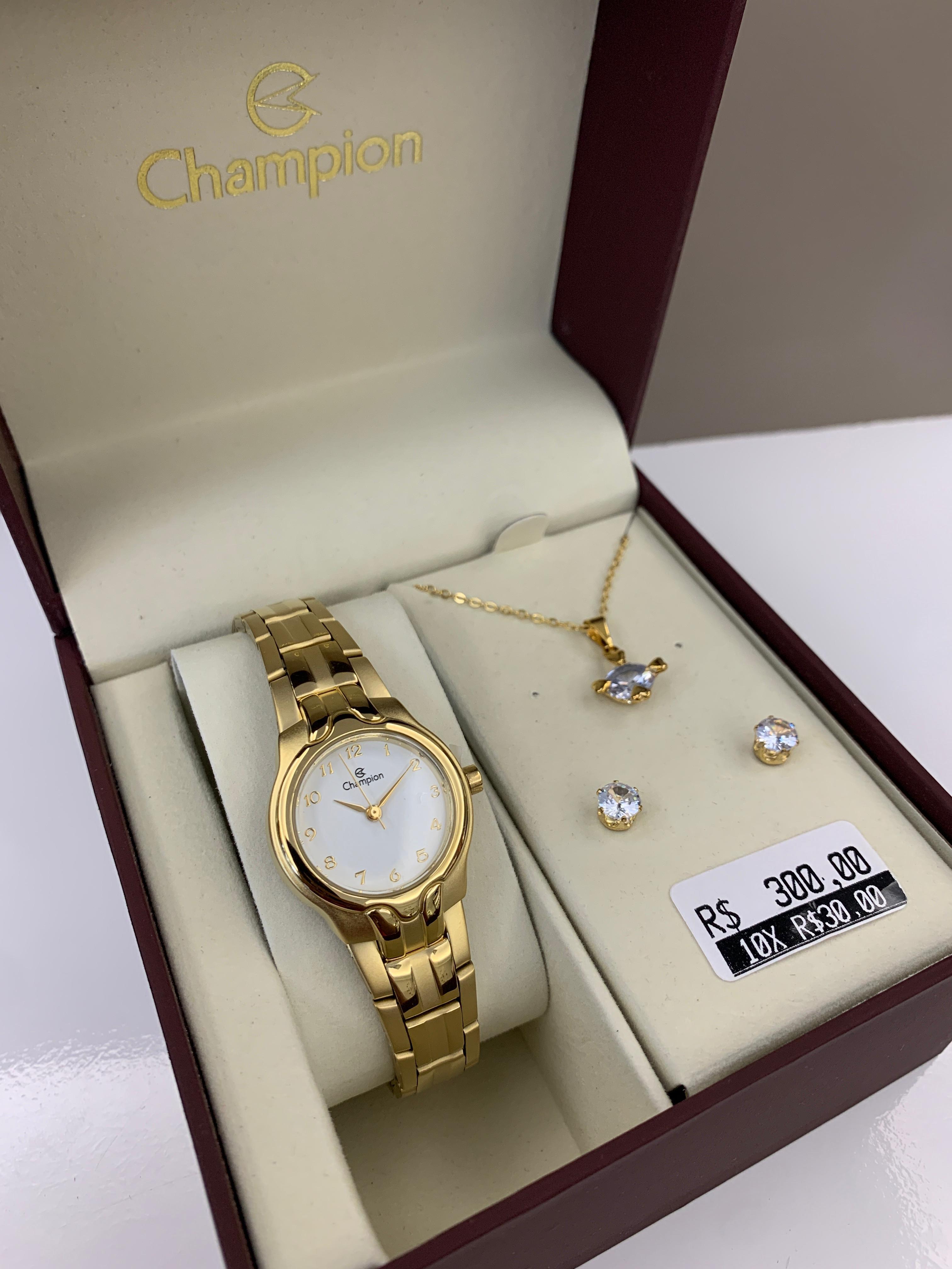 Kit Relógio Champion Feminino Dourado Visor Branco com Numeração Completa Presente á Prova D'água CH24802W