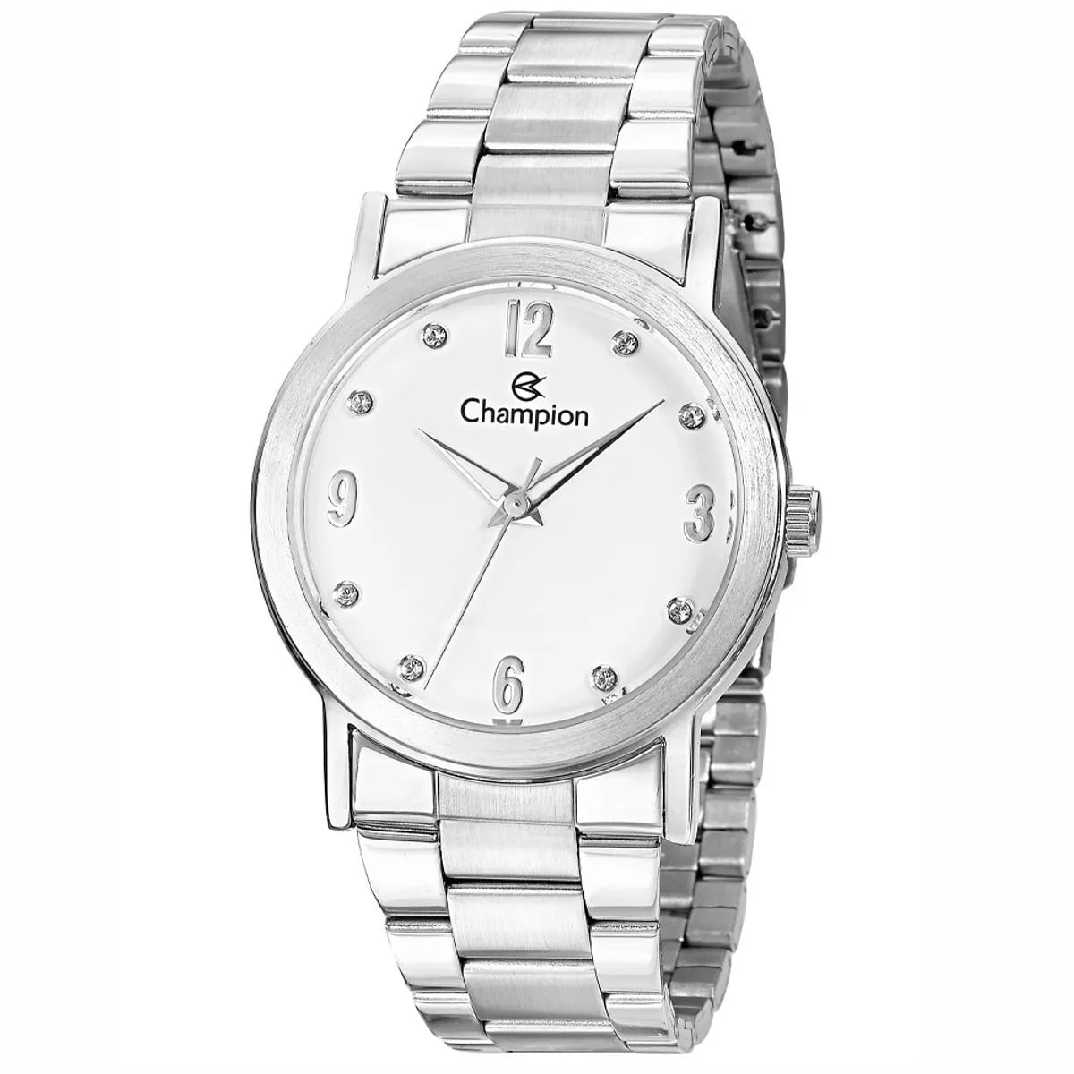 Kit Relógio Champion Feminino Prateado Visor Branco com Cristais a prova d'água CN29025D