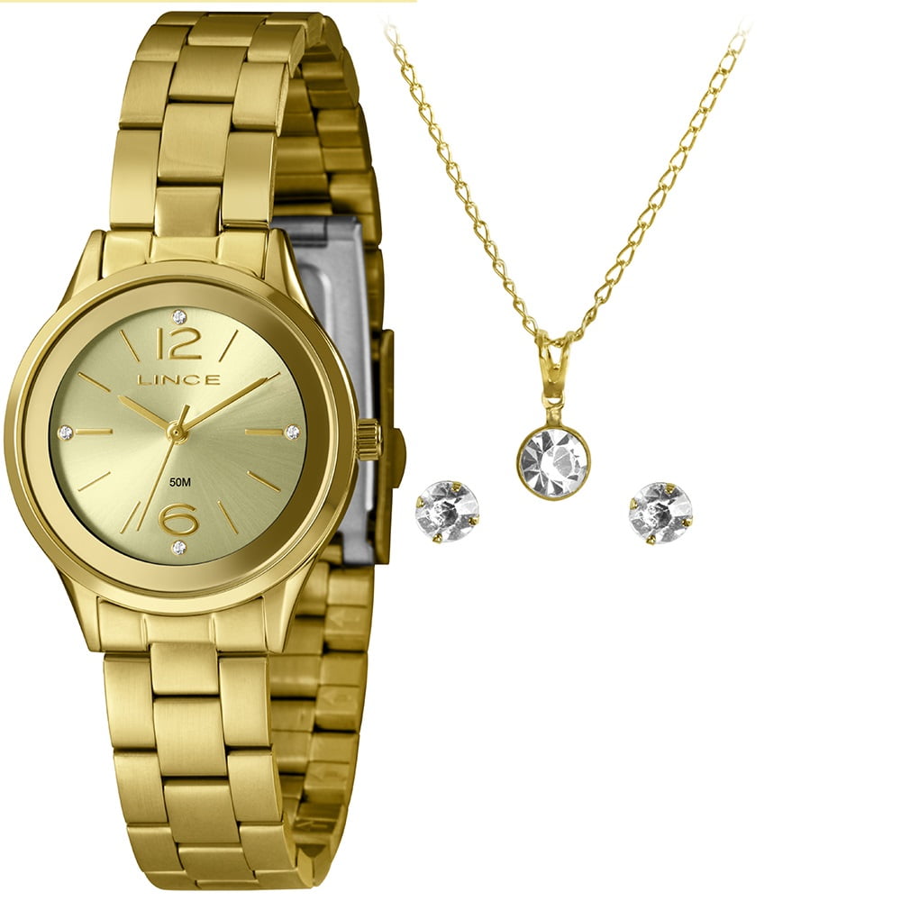 Kit Relógio Classic Lince Feminino Dourado Mostrador Champanhe Com Cristais Á Prova D'água LRGH166L30