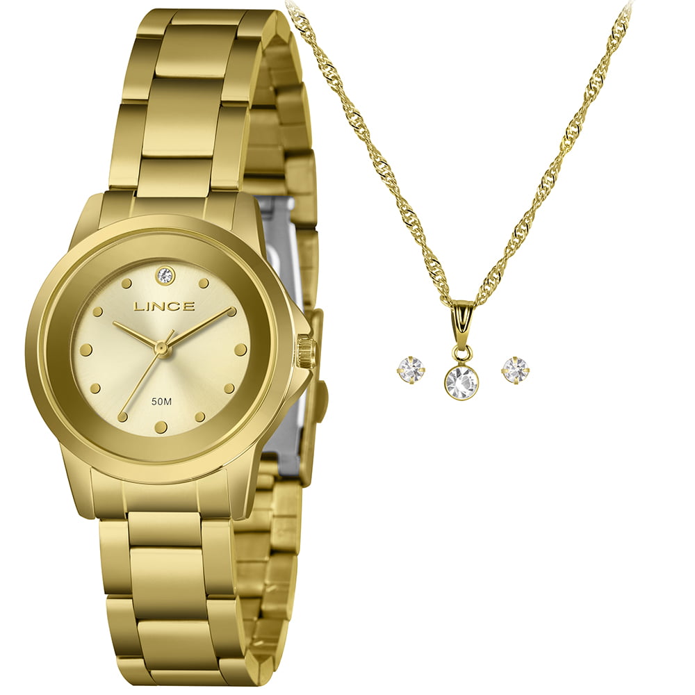 Kit Relógio Classic Lince Feminino Dourado Mostrador Champanhe Com Cristal Á Prova D'água LRG4845L32