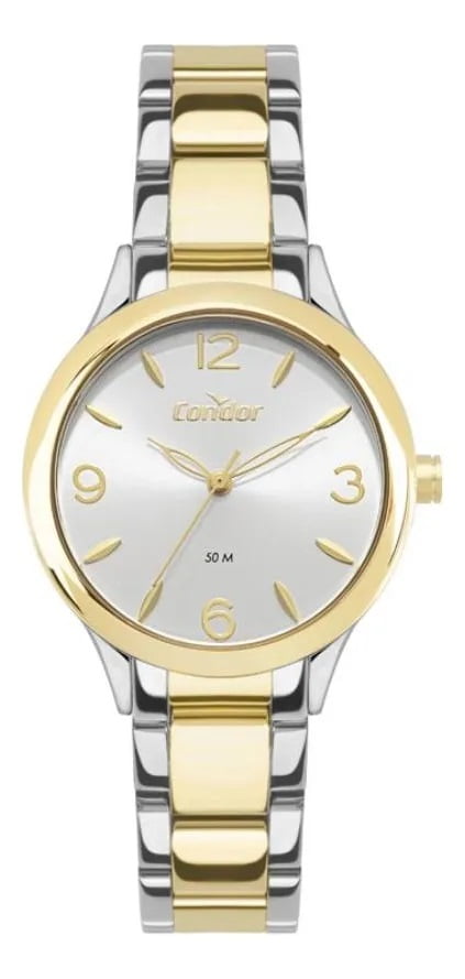 Kit Relógio Condor Feminino Bicolor Prateado e Dourado Á Prova D'água CO2035NZQ/K4K
