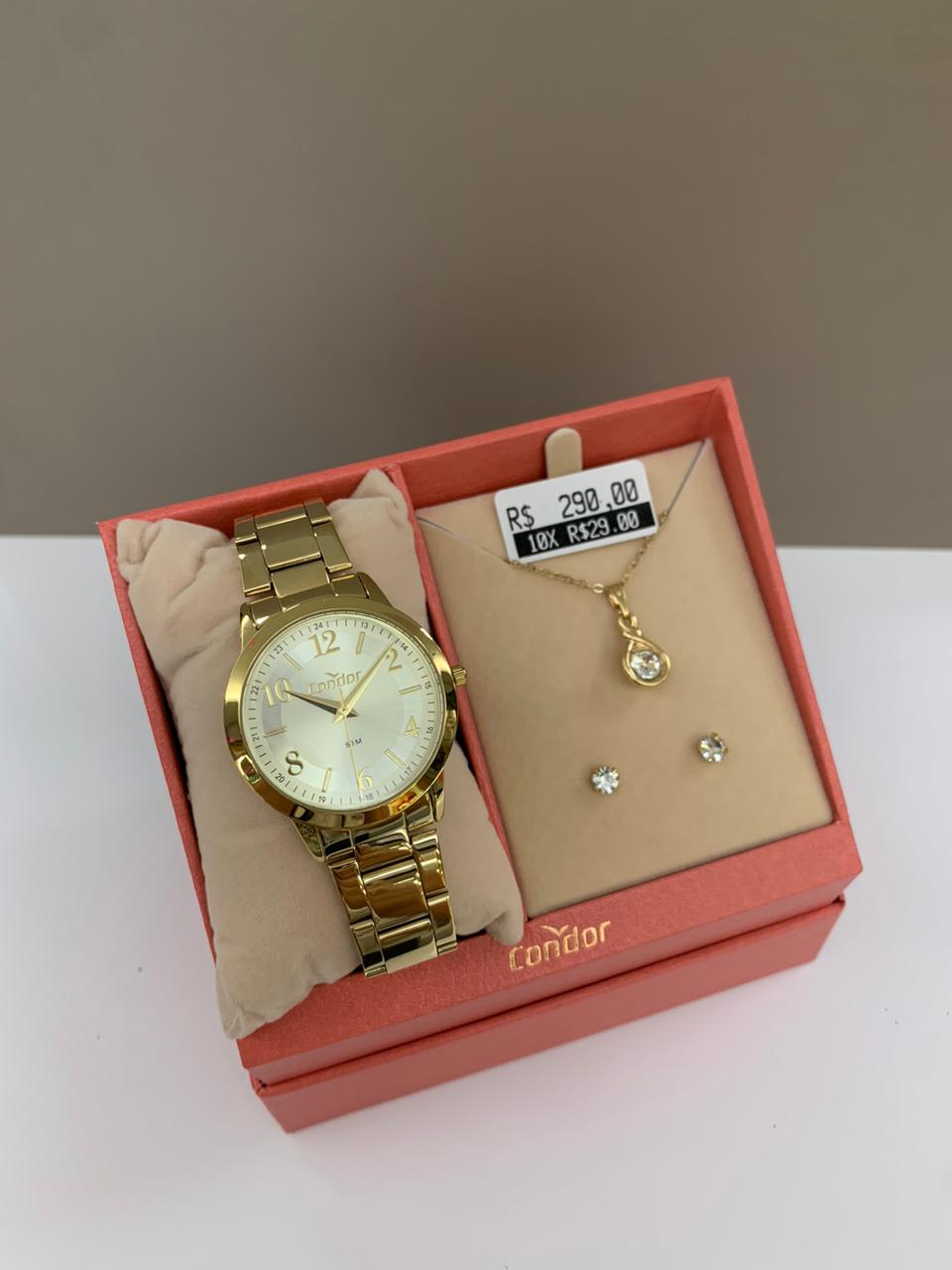 Kit Relógio Condor Feminino Dourado Mostrador Branco Á Prova D'água CO2035MZT/K4X