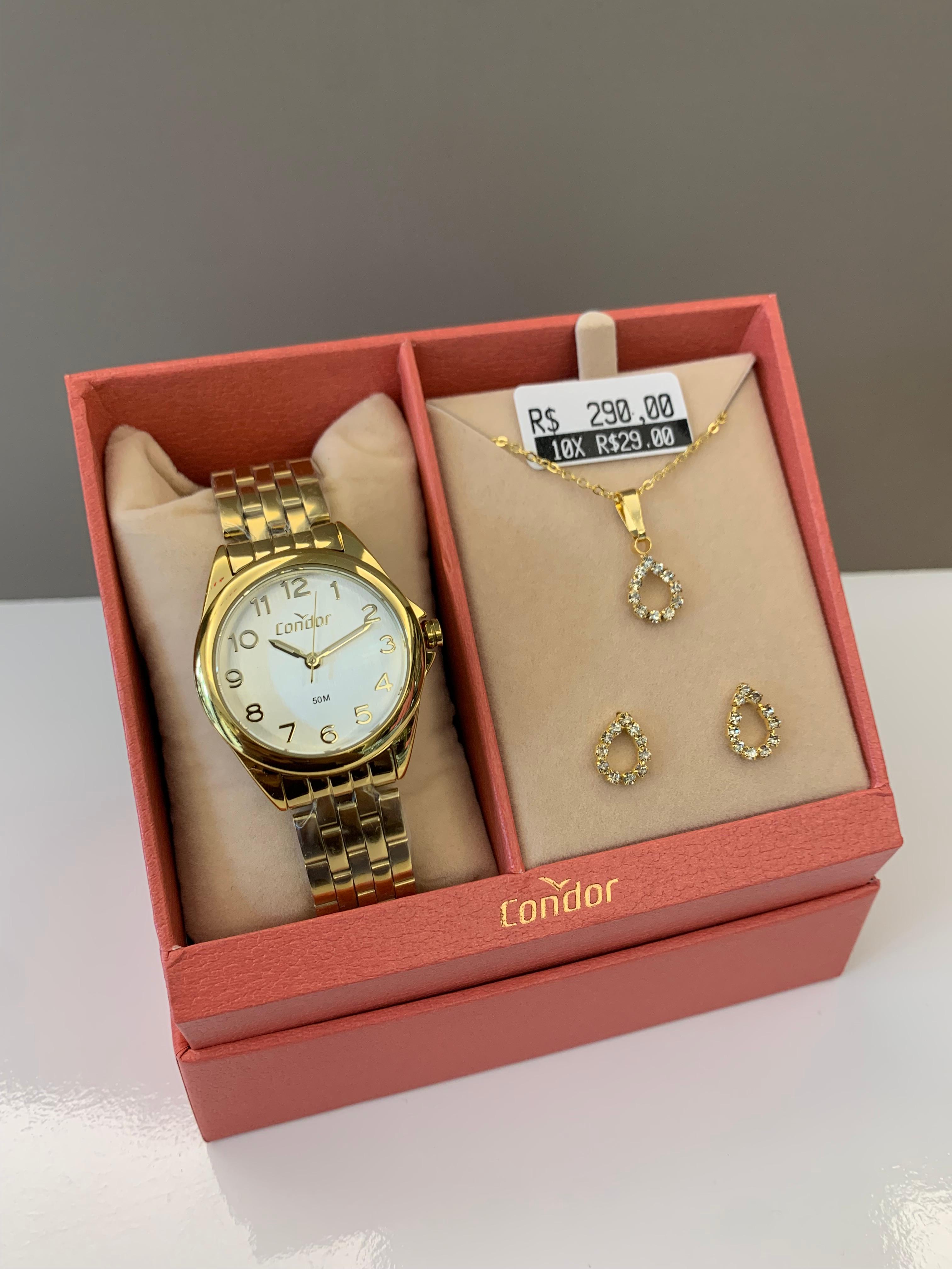 Kit Relógio Condor Feminino Dourado Mostrador Branco Todo Numerado Á Prova D'água CO2035ODG/K4K