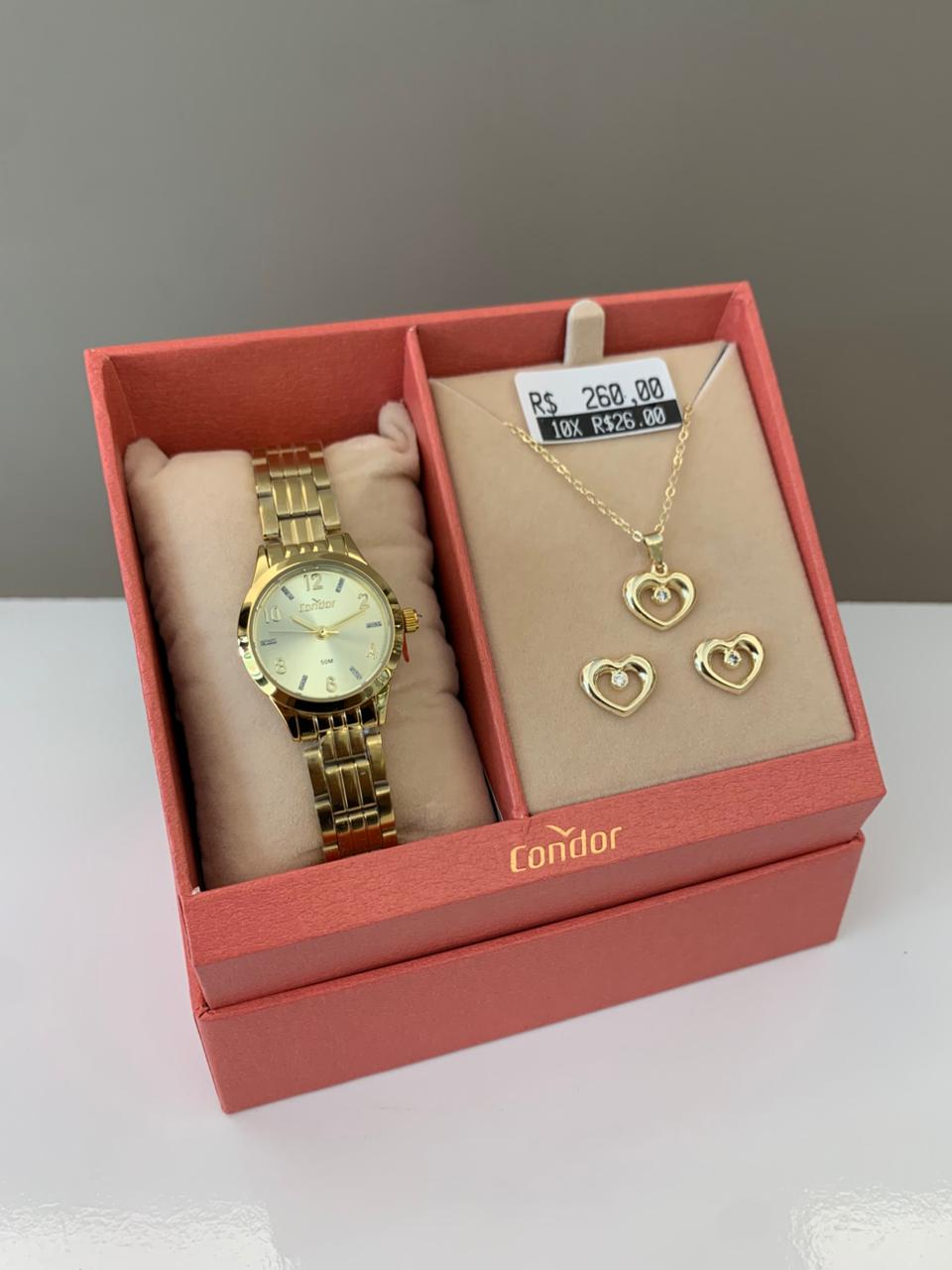 Kit Relógio Condor Feminino Dourado Mostrador Champanhe Á Prova D'água CO2035NFZ/K4X