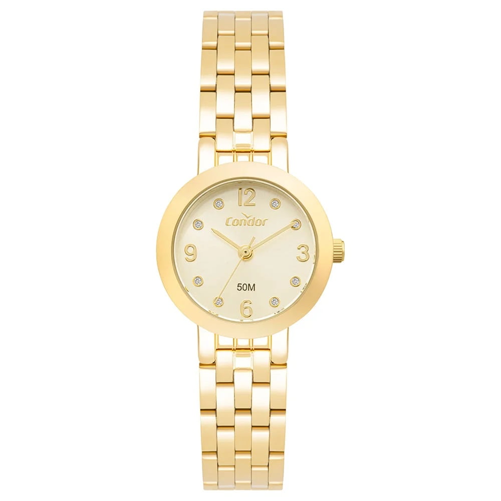 Kit Relógio Condor Feminino Dourado Mostrador Champanhe com Cristais Á Prova D'água CO2035NWZ/K4D
