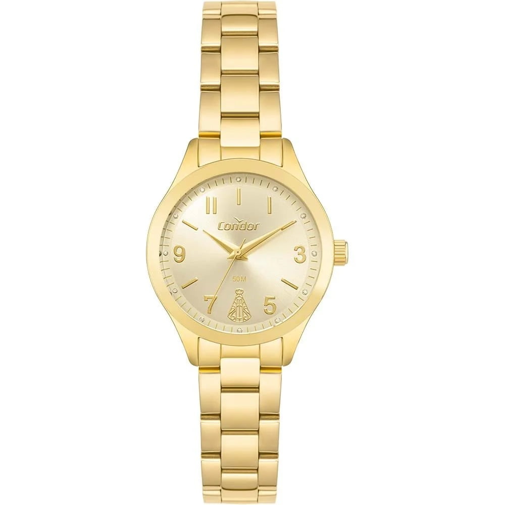 Kit Relógio Condor Feminino Dourado Mostrador Champanhe Nossa Senhora Aparecida Á Prova D'água CO2035NIG/K4X