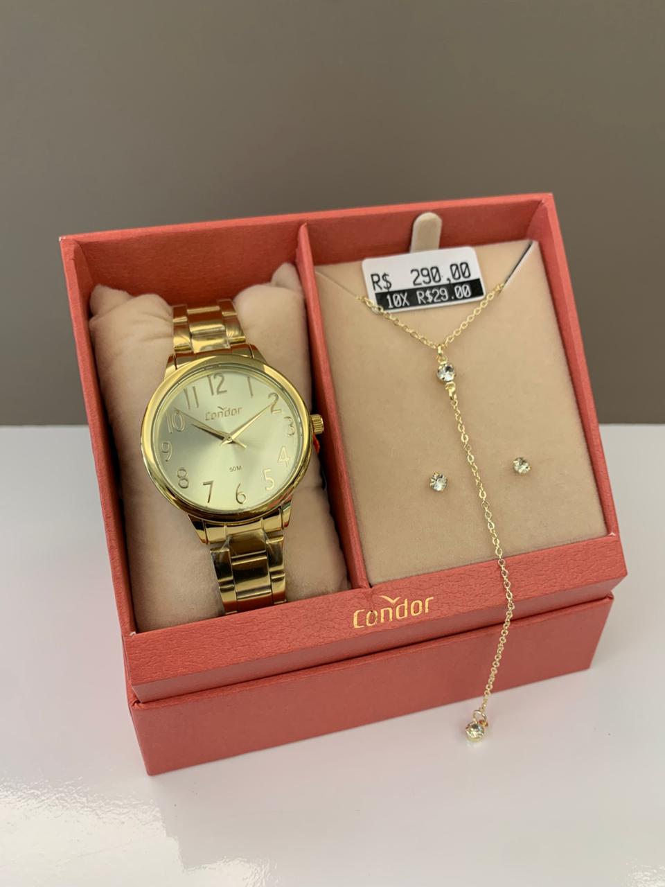 Kit Relógio Condor Feminino Dourado Mostrador Champanhe Todo Numerado Á Prova D'água CO2035NDA/K4X