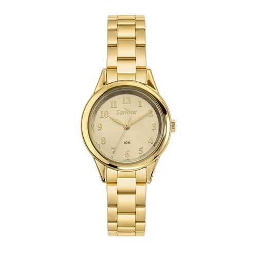 Kit Relógio Condor Feminino Dourado Mostrador Champanhe Todo Numerado Á Prova D'água CO2035OAH/K4X