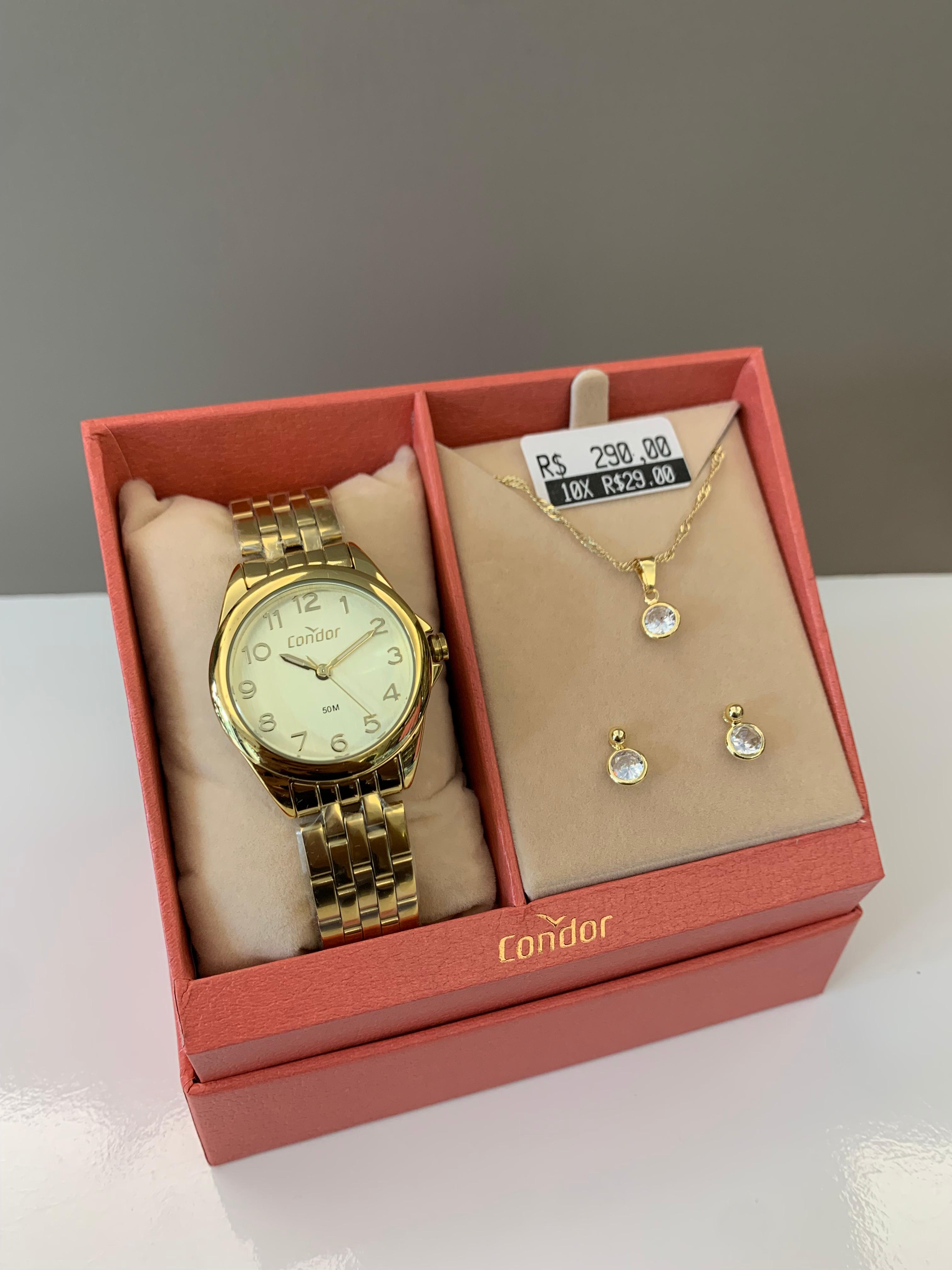 Kit Relógio Condor Feminino Dourado Mostrador Champanhe Todo Numerado Á Prova D'água CO2035ODG/K4X