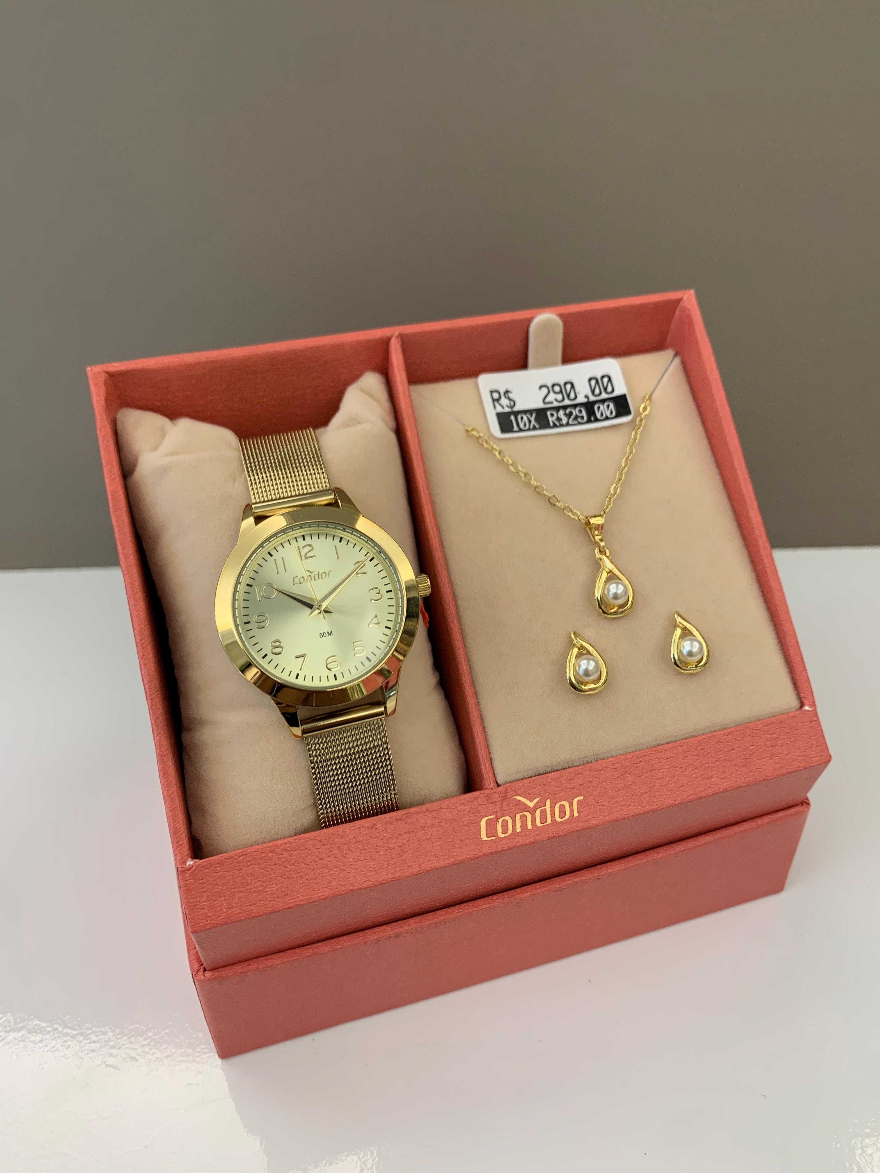 Kit Relógio Condor Feminino Dourado Mostrador Champanhe Todo Numerado Pulseira Milanese Á Prova D'água CO2035NFW/K4X