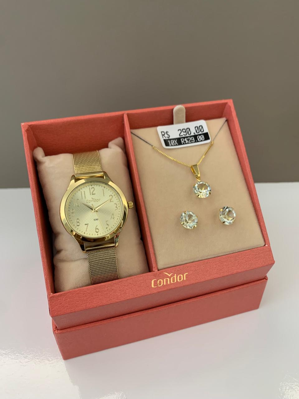 Kit Relógio Condor Feminino Dourado Mostrador Champanhe Todo Numerado Pulseira Milanese Á Prova D'água CO2035NJD/K4X