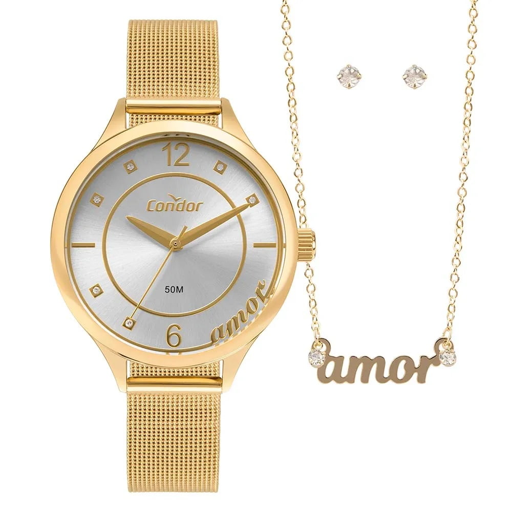 Kit Relógio Condor Feminino Dourado Mostrador Prata com Cristais Pulseira Milanese Á Prova D'água CO2035NDE/K4K