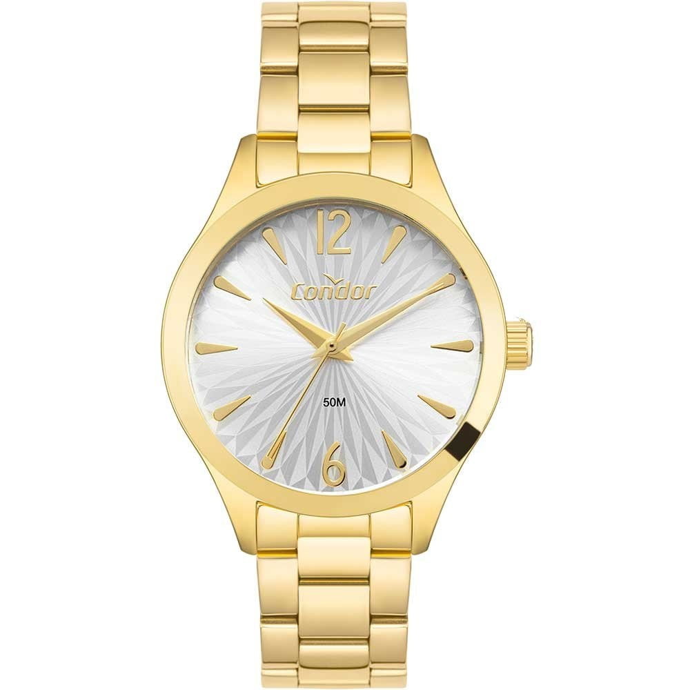 Kit Relógio Condor Feminino Dourado Mostrador Prateado Á Prova D'água CO2035NIC/K4K