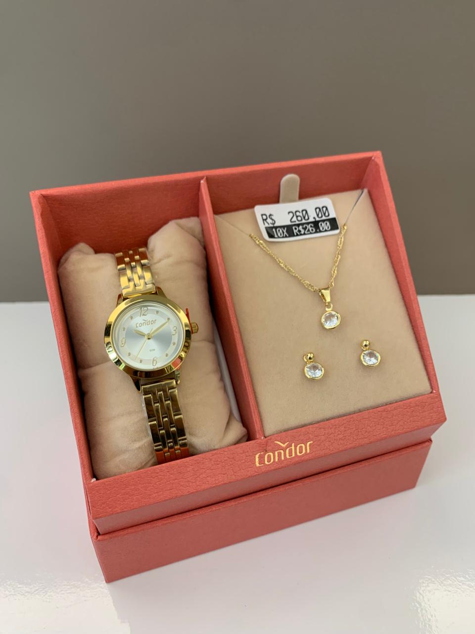 Kit Relógio Condor Feminino Dourado Mostrador Prateado Á Prova D'água CO2035NJJ/K4K