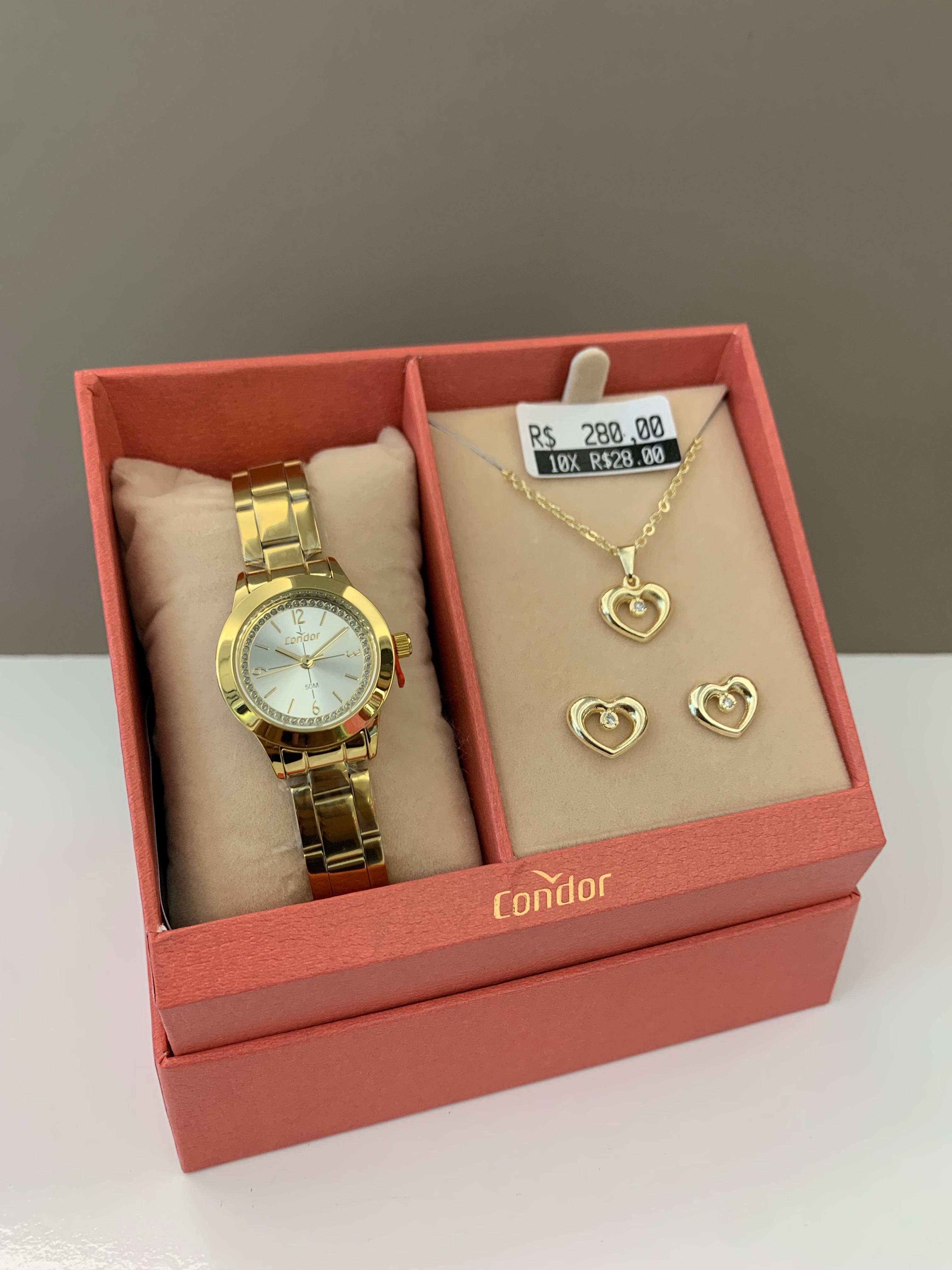 Kit Relógio Condor Feminino Dourado Mostrador Prateado com Cristais Á Prova D'água CO2035NNZ/K4K