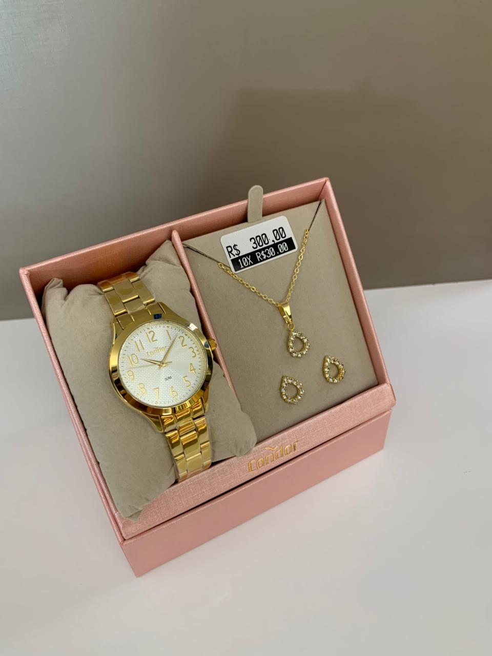 Kit Relógio Condor Feminino Dourado Mostrador Prateado com Numeração completa Á Prova D'água CO2035NJF/K4K