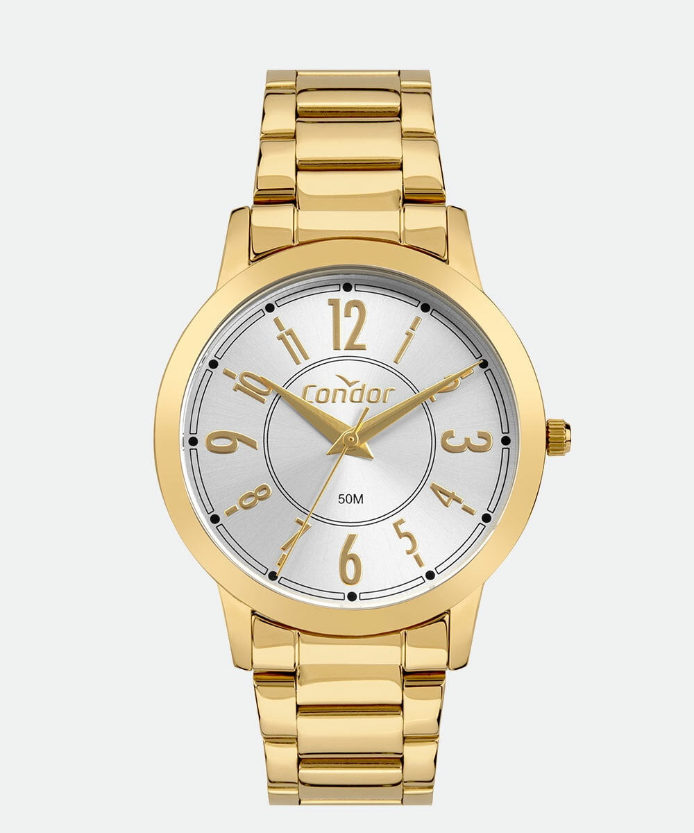 Kit Relógio Condor Feminino Dourado Mostrador Prateado Todo Numerado Á Prova D'água CO2035MZU/K4K