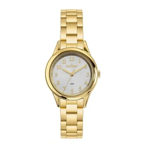 Kit Relógio Condor Feminino Dourado Mostrador Prateado Todo Numerado Á Prova D'água CO2035OAH/K4K