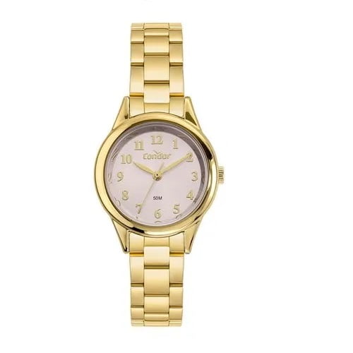 Kit Relógio Condor Feminino Dourado Mostrador Rosa Todo Numerado Á Prova D'água CO2035OAH/K4T