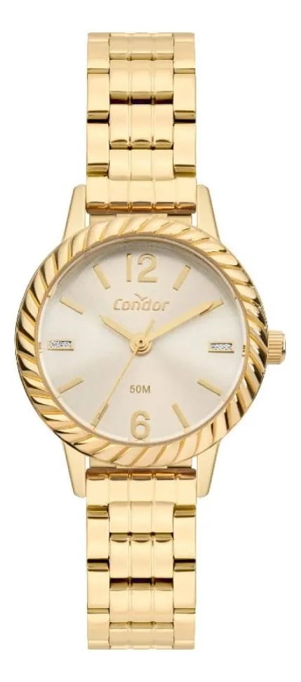 Kit Relógio Condor Feminino Dourado Visor Champanhe Á Prova D'água CO2035NFY/K4X