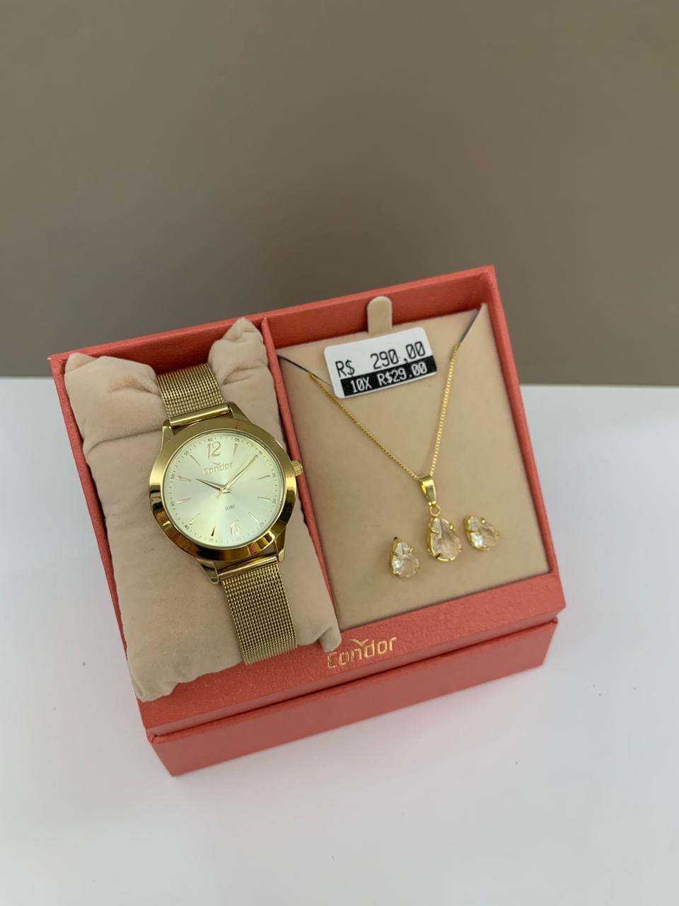 Kit Relógio Condor Feminino Dourado Visor Dourado Pulseira Milanese Á Prova D'água CO2035NLK/K4X