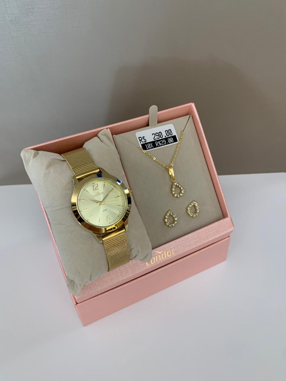 Kit Relógio Condor Feminino Dourado Visor Dourado Pulseira Milanese Á Prova D'água CO2035NLK/K4X