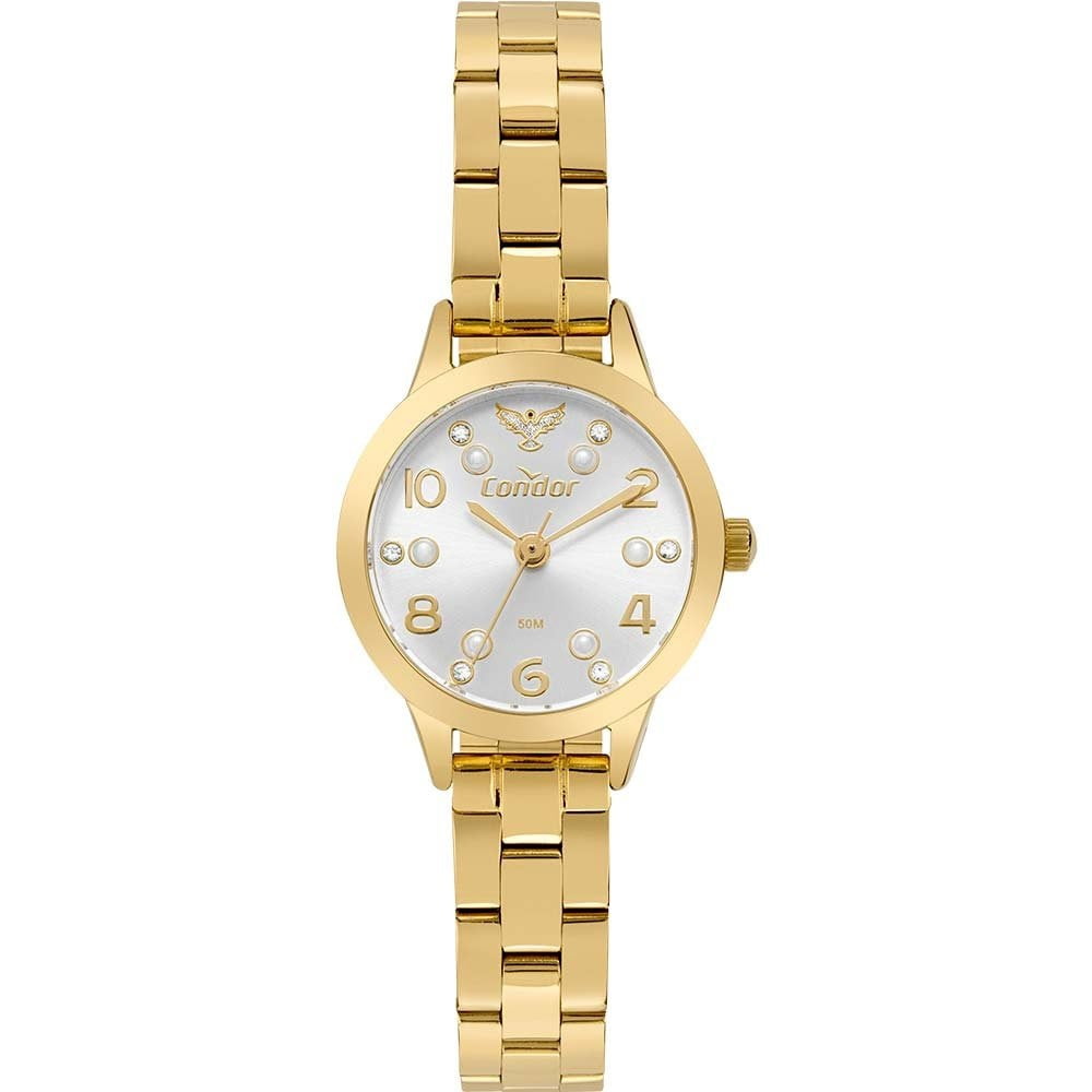 Kit Relógio Condor Feminino Dourado Visor Prateado Com Cristais e Espirito Santo Á Prova D'água CO2035NIK/K4K