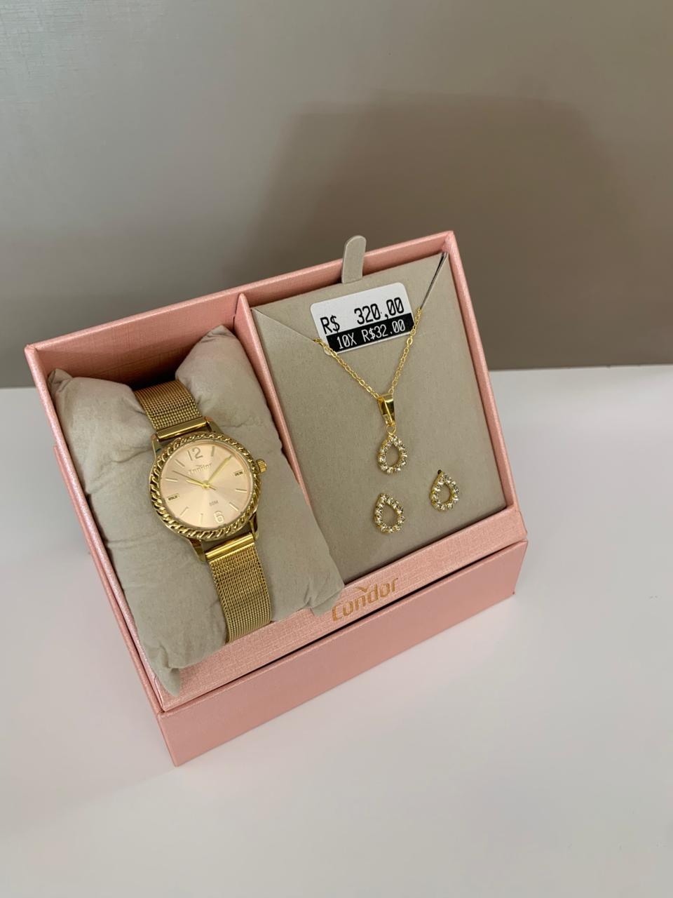 Kit Relógio Condor Feminino Dourado Visor Rosa com  Pulseira Milanese Á Prova D'água CO2035NPE/K4J