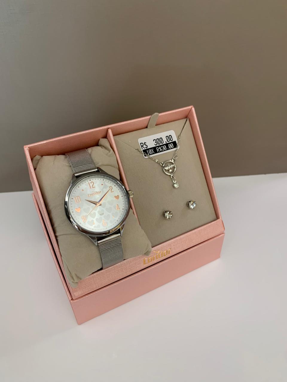 Kit Relógio Condor Feminino Prateado Mostrador Prateado com detalhes em rose Coração Pulseira Milanesa Á Prova D'água CO2035NTI/K4K