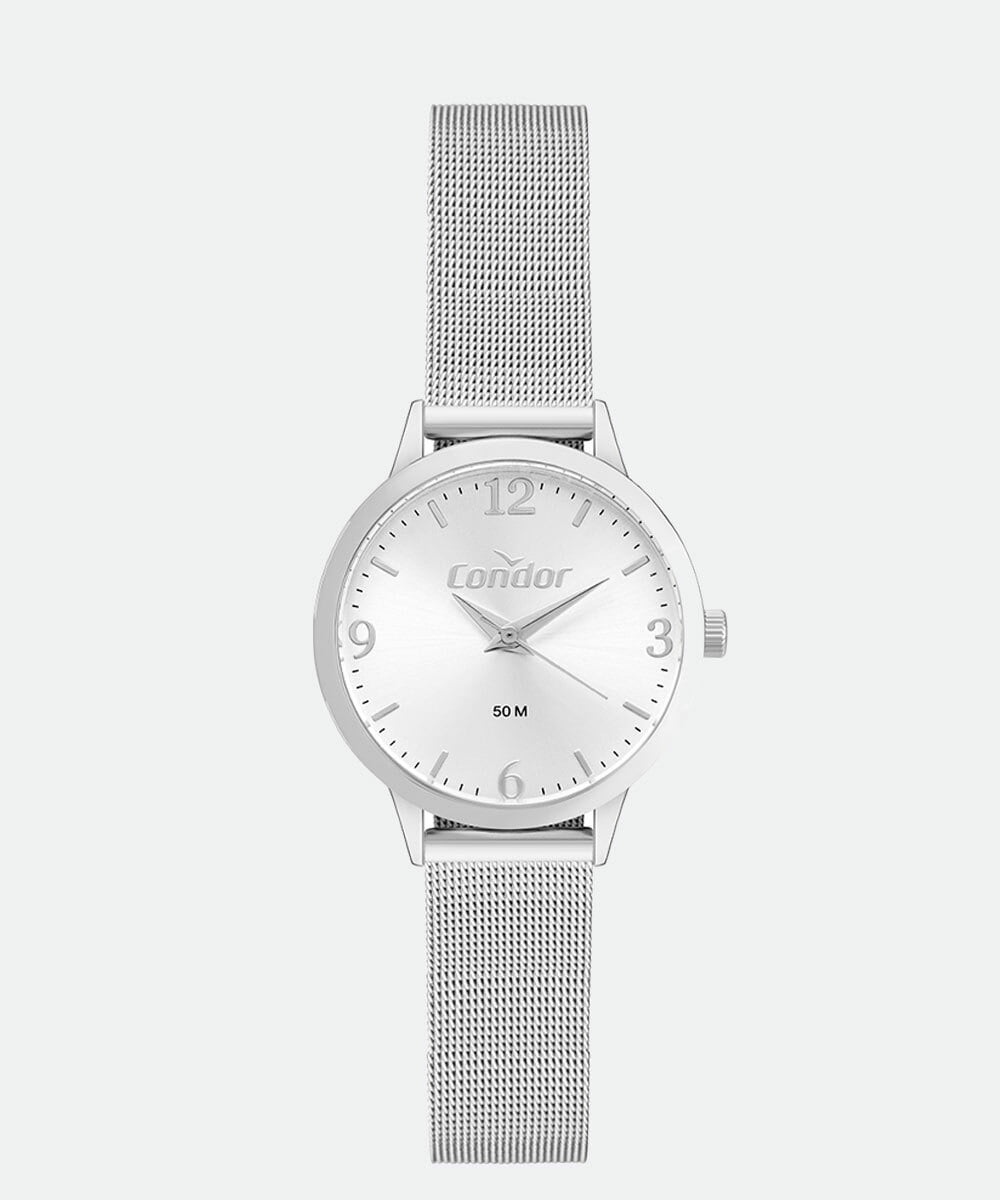 Kit Relógio Condor Feminino Prateado Pulseira Milanese Á Prova D'água CO2035NCW/K4K