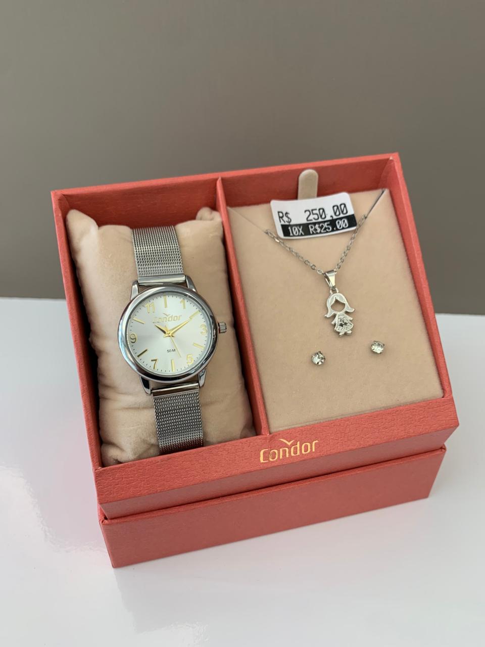 Kit Relógio Condor Feminino Prateado Pulseira Milanese Á Prova D'água CO2035NCZ/K4K