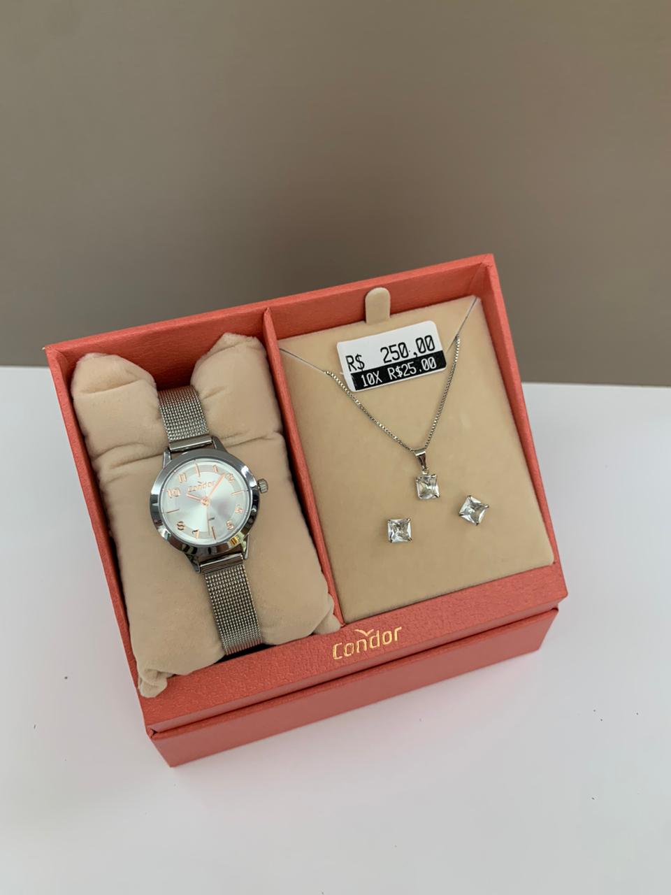 Kit Relógio Condor Feminino Prateado Pulseira Milanese Á Prova D'água CO2035NHX/K4K