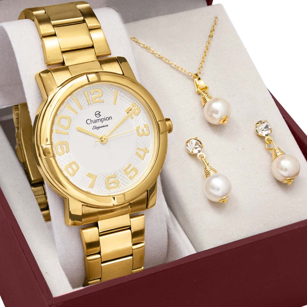 Kit Relógio Champion Feminino Dourado Elegance CN26457W