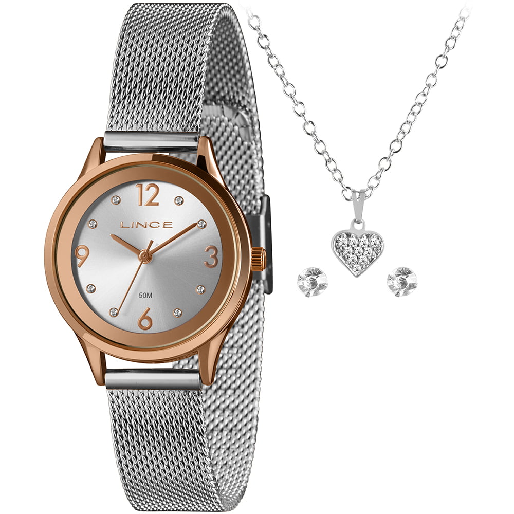 Kit Relógio Feminino Lince Bicolor Rosé e Prateado Pulseira milanese Visor Prateado Á prova D'água LRTH184L30