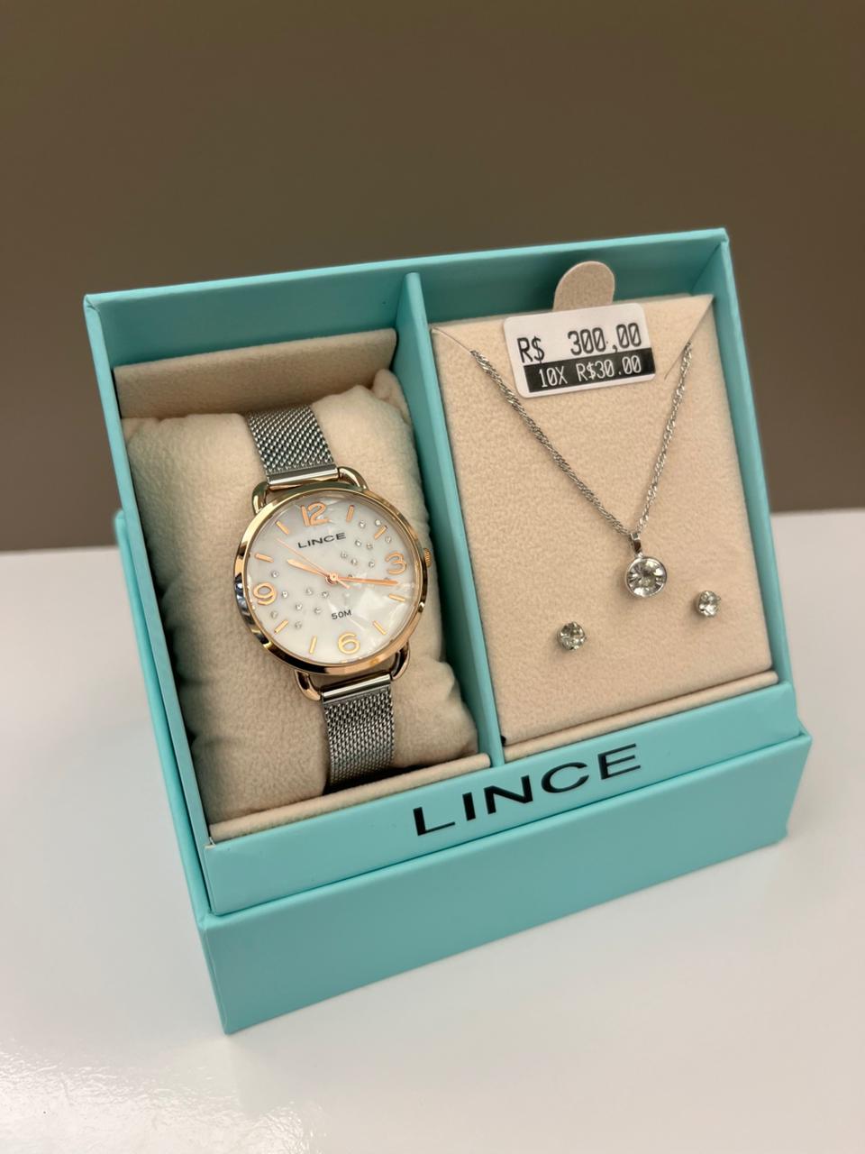 Kit Relógio Feminino Lince Bicolor Rosé e Prateado Visor Madrepérola com Cristais Pulseira Milanesa  Á prova D'água LRTH274L32