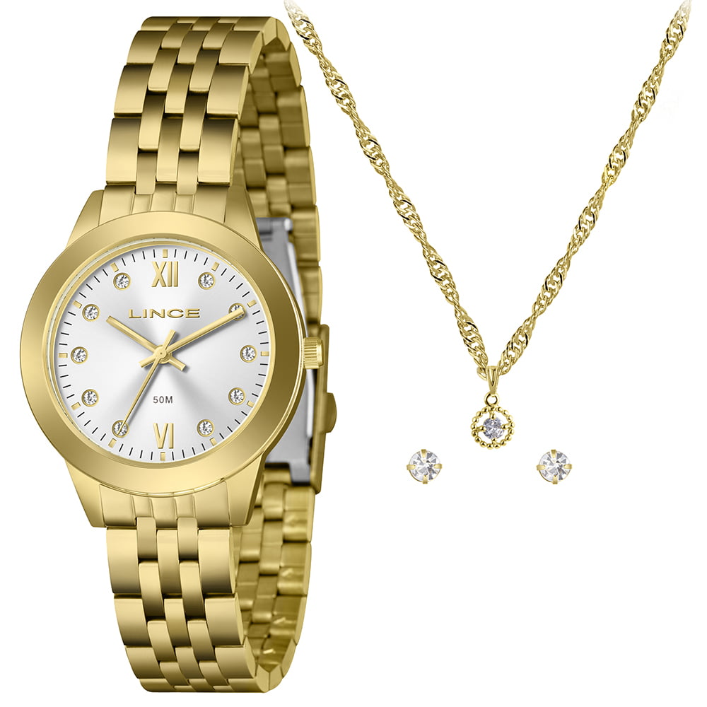 Kit Relógio Feminino Lince Dourado com Cristais Á Prova D'água LRG4843L34