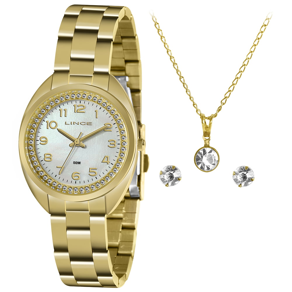 Kit Relógio Feminino Lince Dourado com Numeração Completa Cristais no visor Presente  LRG4679L