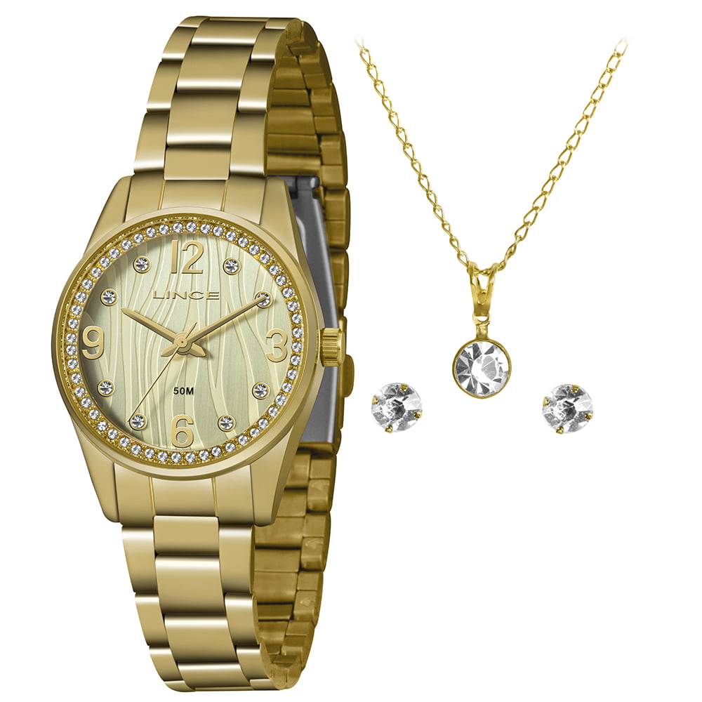 Kit Relógio Feminino Lince Dourado com Pedras Presente  LRG4669L