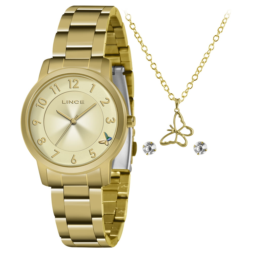 Kit Relógio Lince Feminino Dourado Visor Champanhe com Numeração completa á prova d'água LRGJ142L