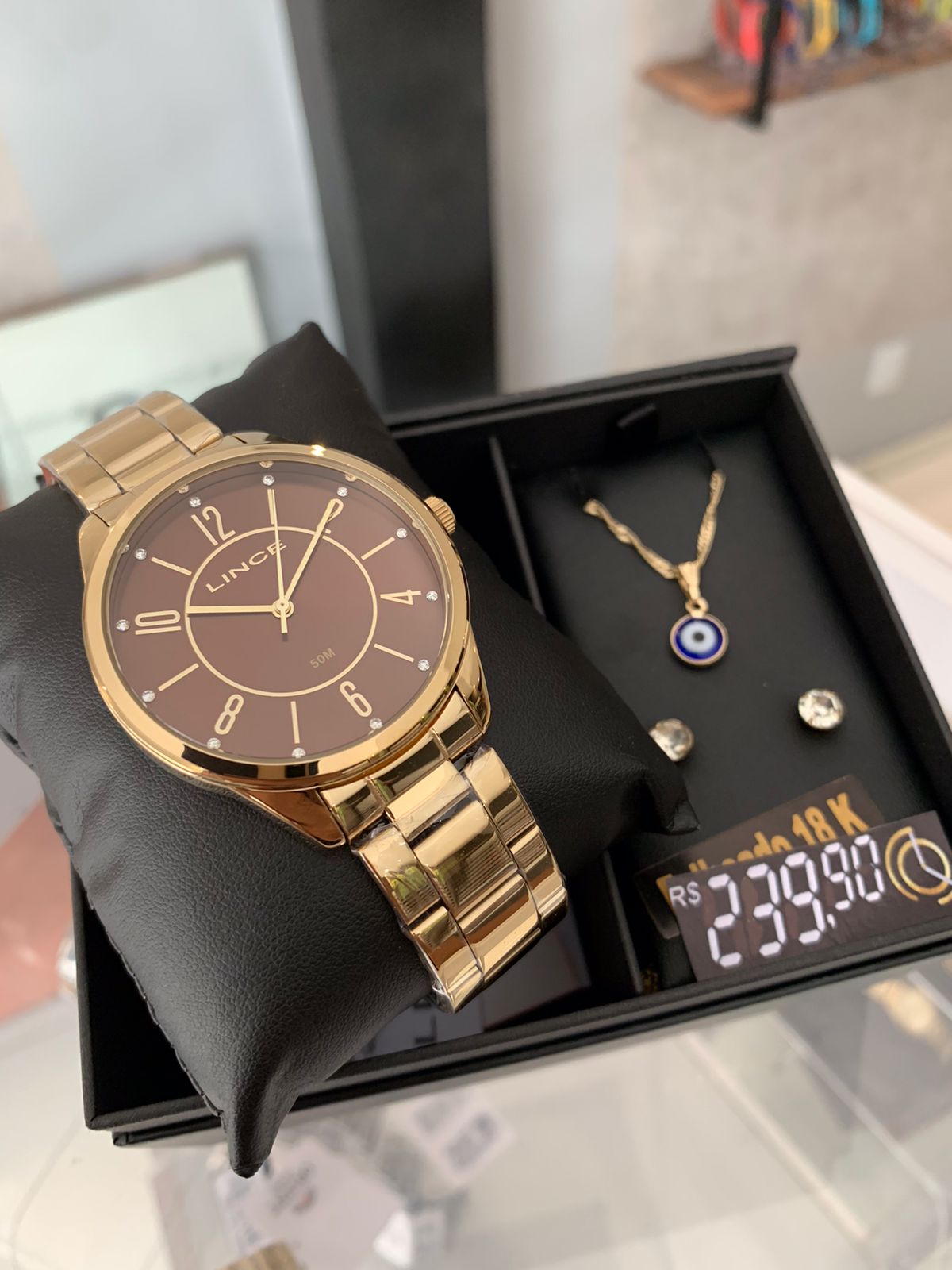 Kit Relógio Feminino Lince Dourado Presente c/visor marrom LRG4750L40