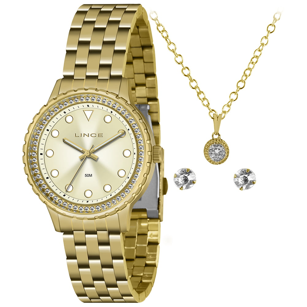 Kit Relógio Lince Feminino Dourado Visor Champanhe com Cristais Á Prova d'água LRG4703L