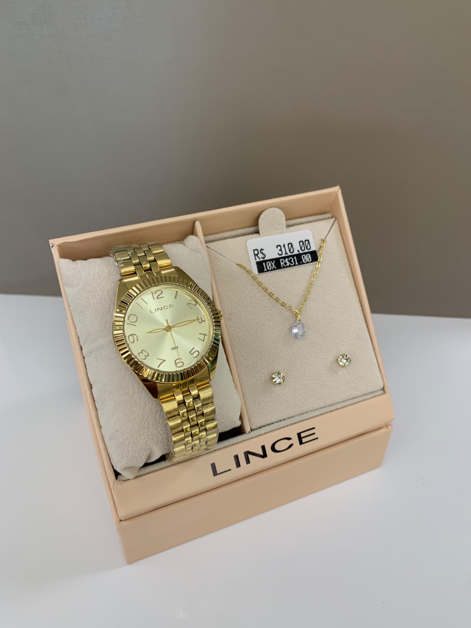 Kit Relógio Feminino Lince Dourado Visor Champanhe Todo Numerado Á Prova D'água LRGM063L36
