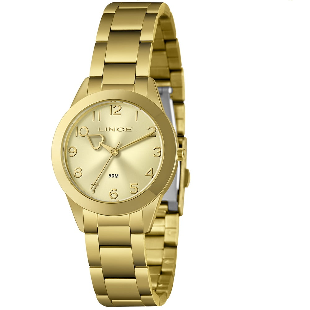Kit Relógio Feminino Lince Dourado Visor Dourado com Numeração Completa Á Prova D'água LRG4844L34