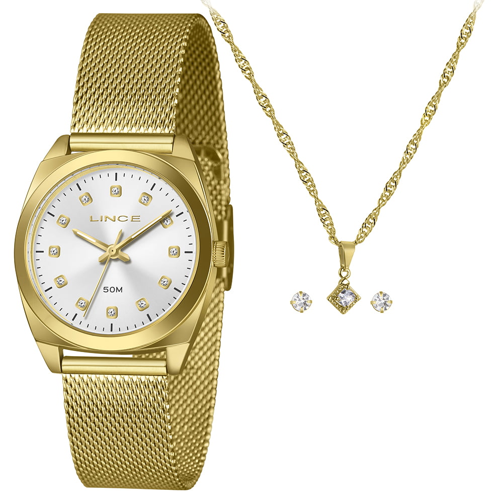 Kit Relógio Feminino Lince Dourado Visor Prata com Cristais Pulseira Milanesa Á Prova D'água LRGH276L34