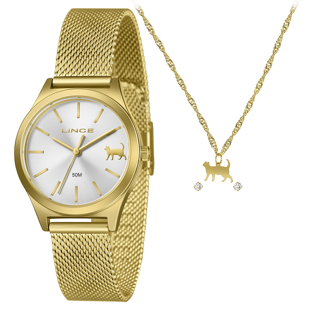Kit Relógio Feminino Lince Dourado Visor Prata com Gatinho Pulseira Milanesa Á Prova D'água LRGH277L34